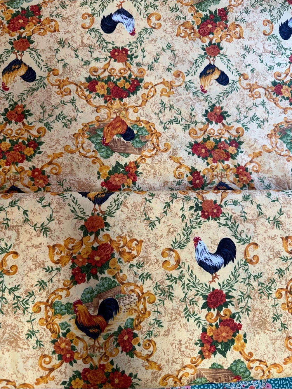 FabriQuilt Fabric Yd Roosters Floral Scrolls Yellow Gold Premium Cotton Provence